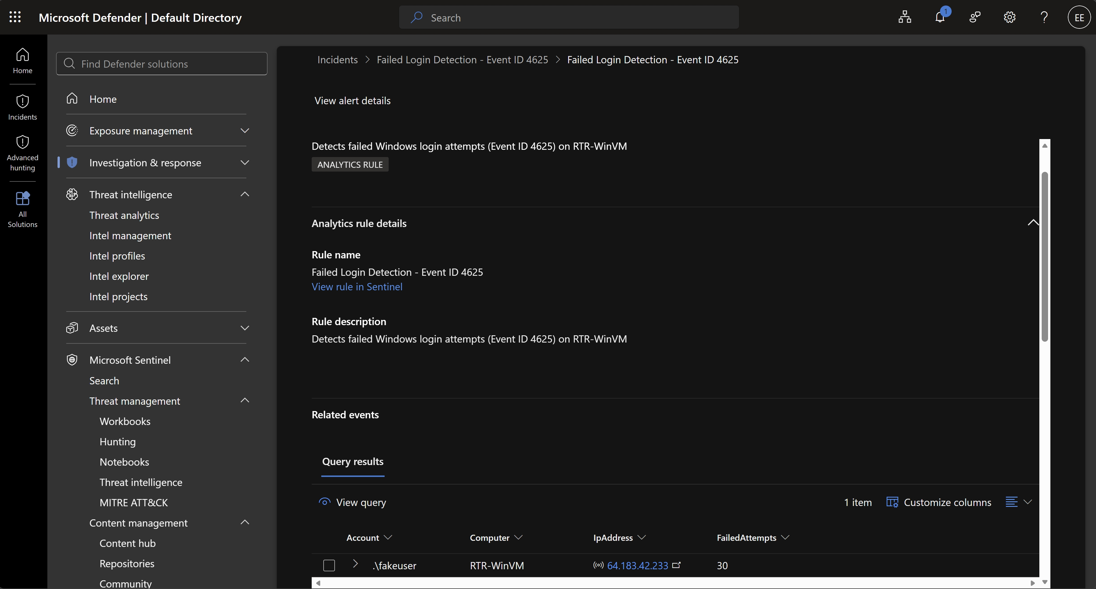 Alert details showing fakeuser, RTR-WinVM, 30 failed attempts