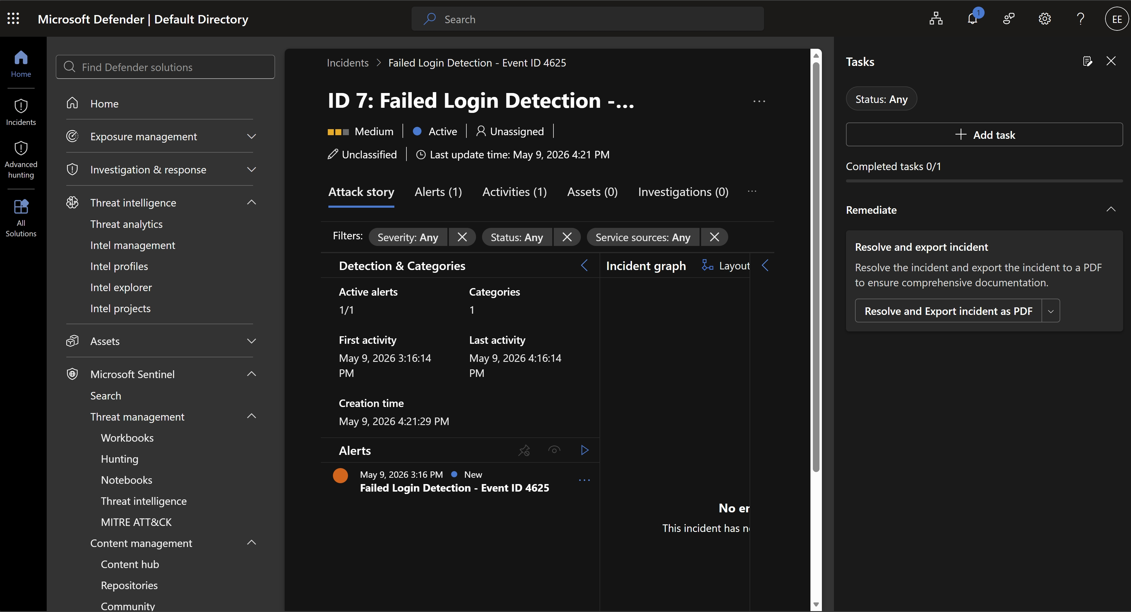 Microsoft Sentinel Analytics showing 1 active rule — Failed Login Detection Event ID 4625