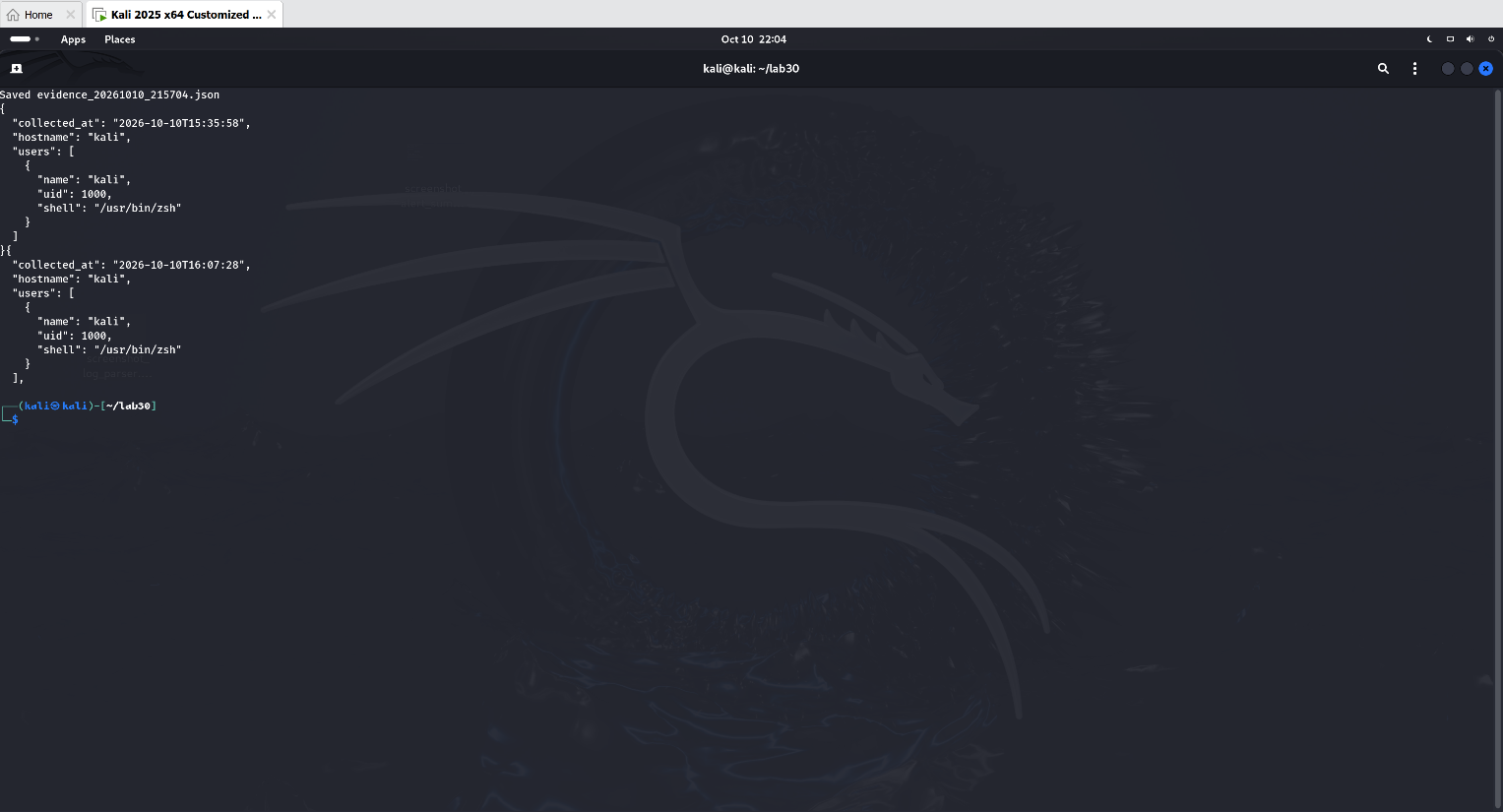 Step 1 — collect.py output showing timestamped JSON evidence