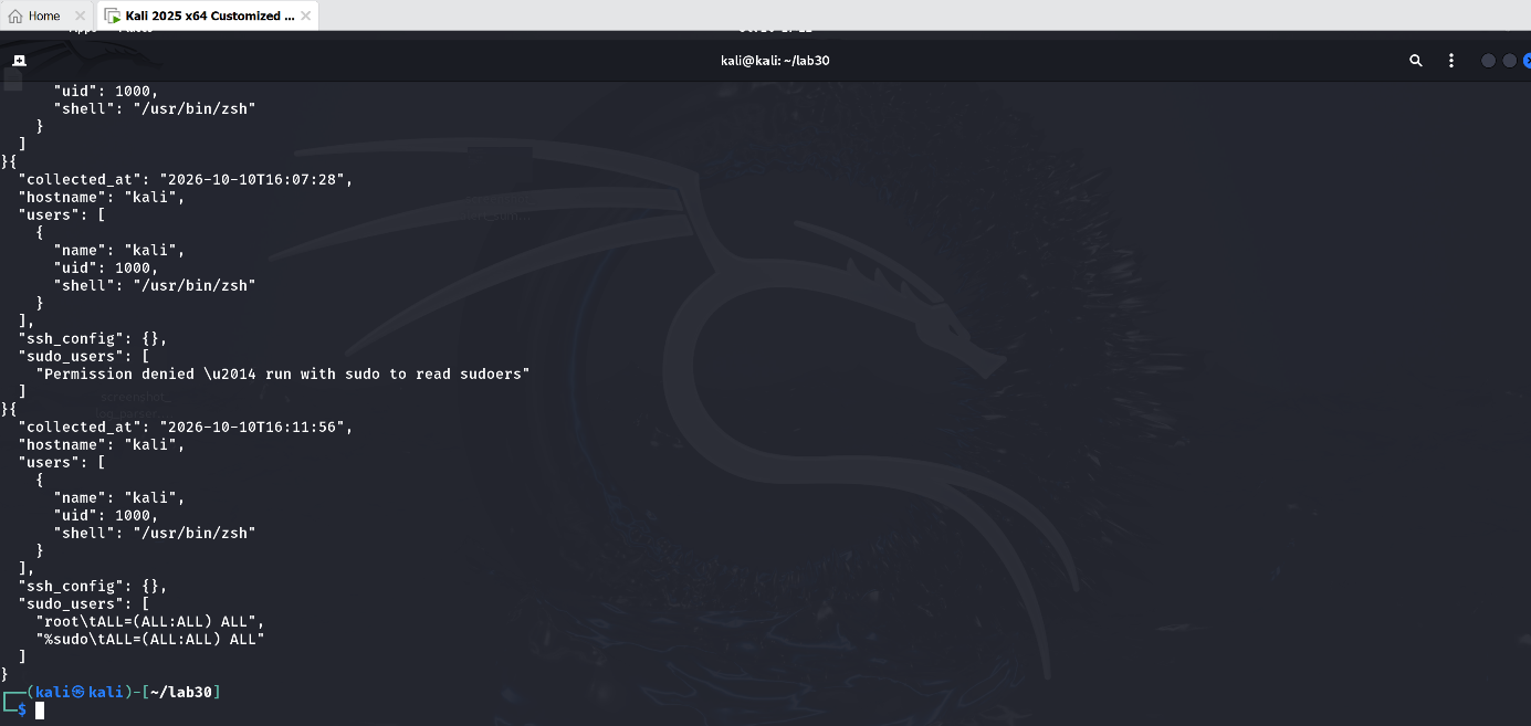 Step 2 — collect.py output with SSH config and sudo rights added