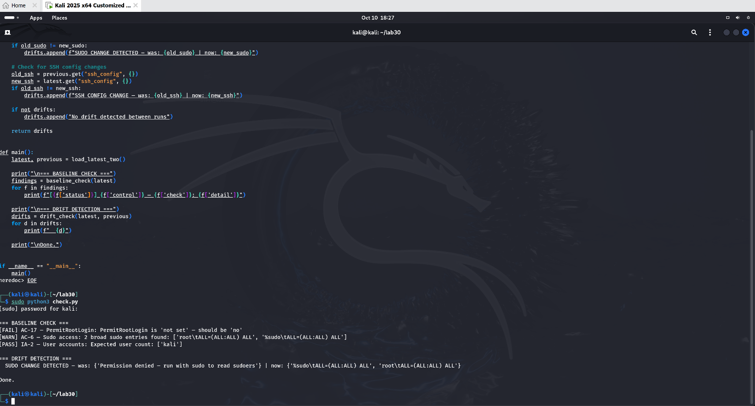 Step 3 — baseline check output showing FAIL, WARN, and PASS results