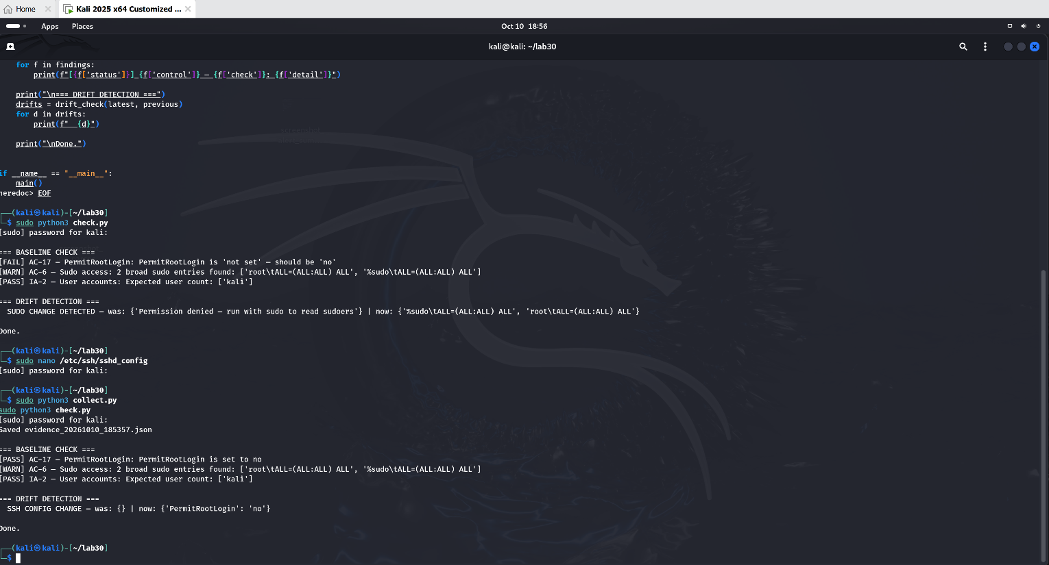 Step 4 — self-test output showing FAIL becoming PASS and drift detected